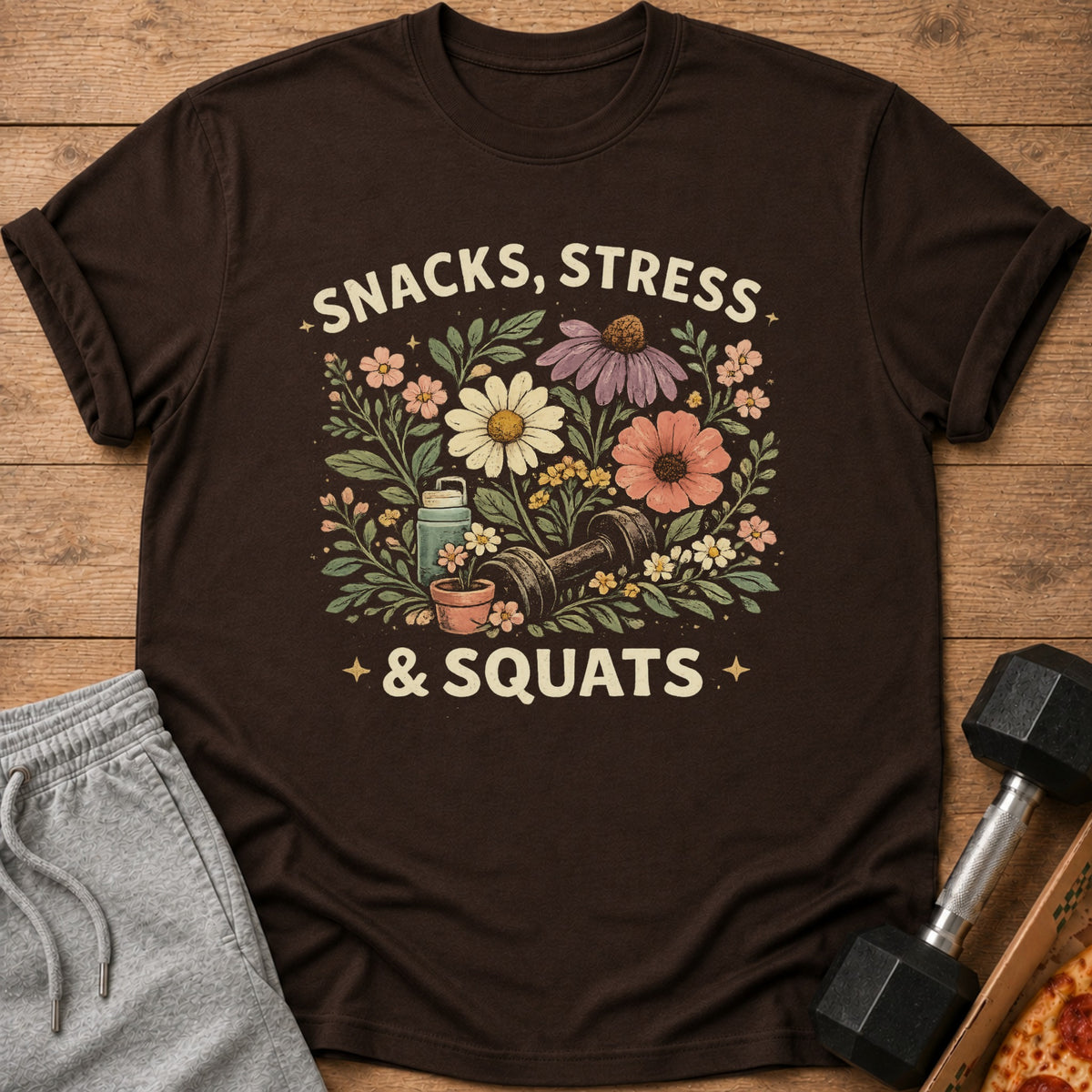 Brown t-shirt with floral design and text "Snacks, Stress & Squats".