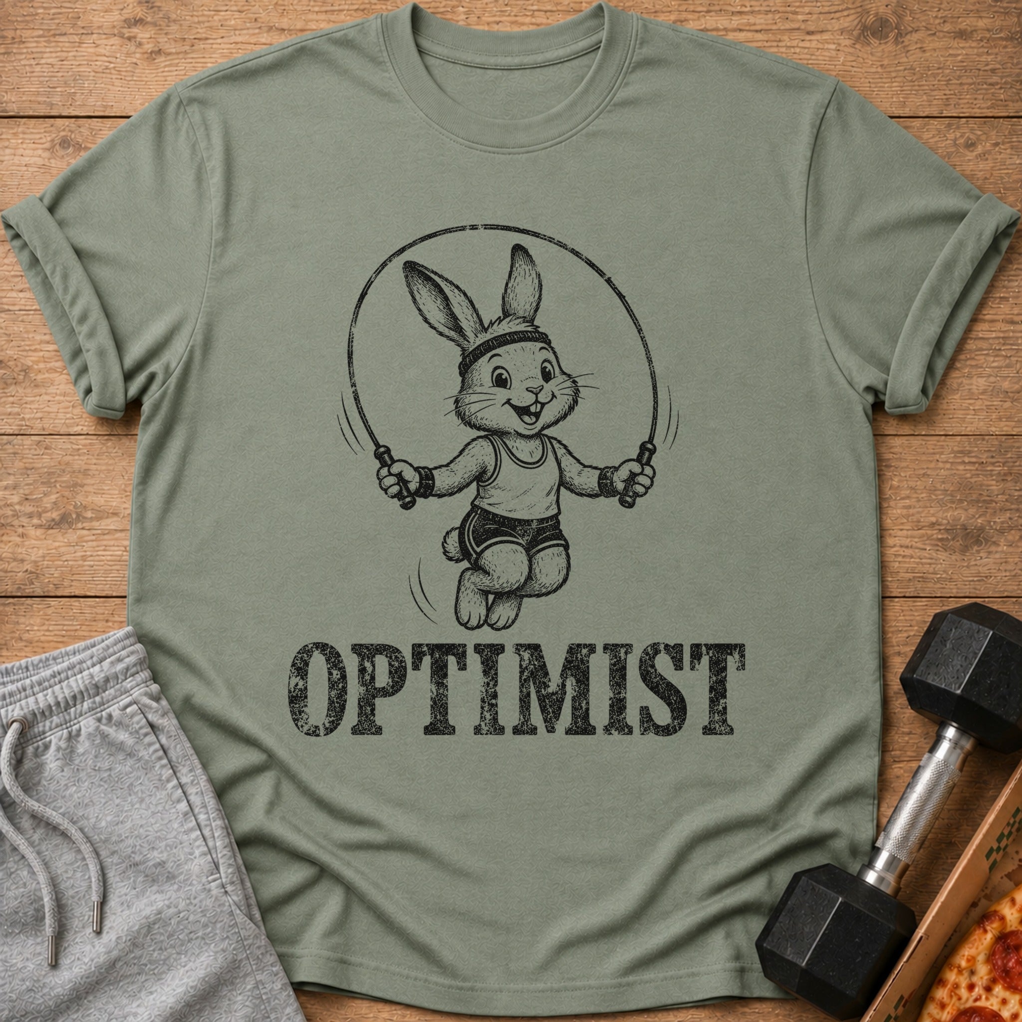 Green t-shirt with a drawing of a bunny jumping rope and the word OPTIMIST.