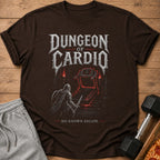 Brown t-shirt with "Dungeon of Cardio" text, a knight facing a treadmill, and "No Known Escape".