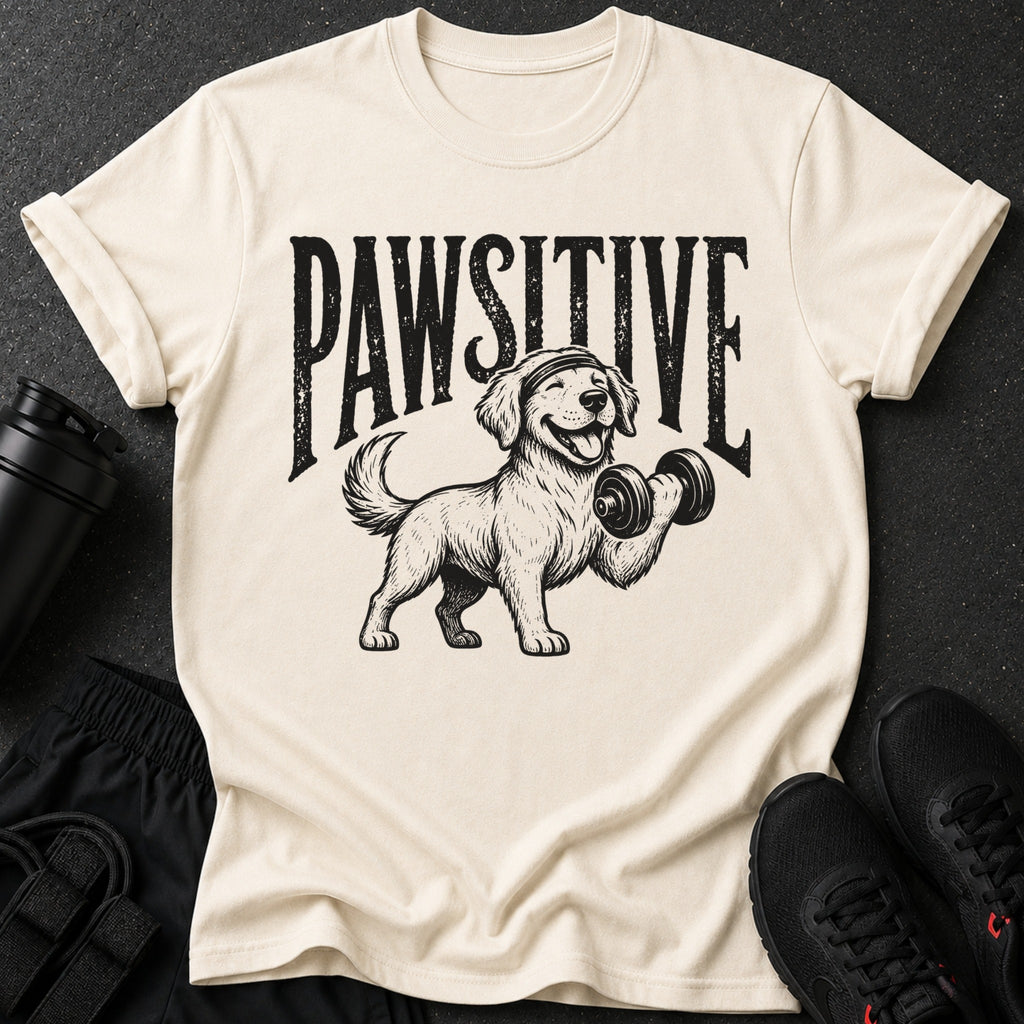 Cream t-shirt with distressed text "PAWSITIVE" above a happy dog lifting a dumbbell.