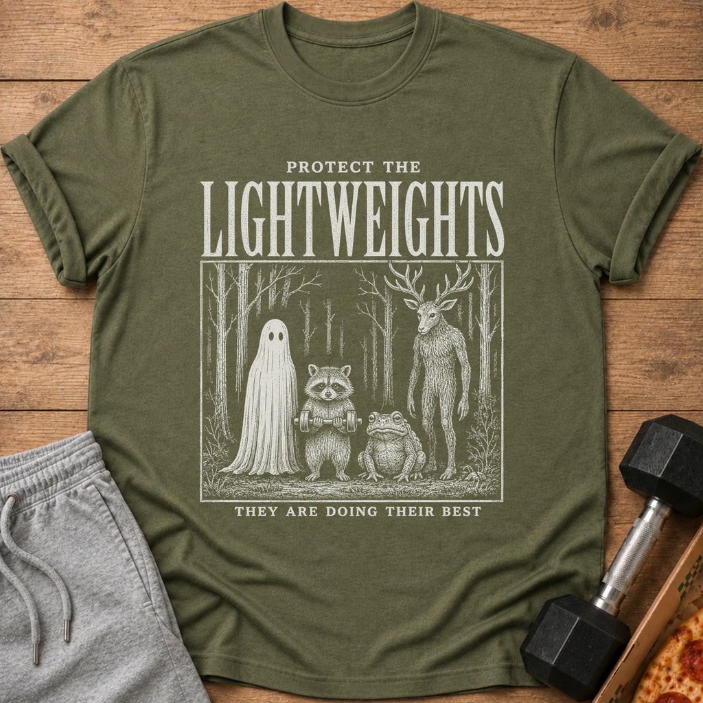 Green t-shirt with "Protect the Lightweights" and forest creatures graphic.