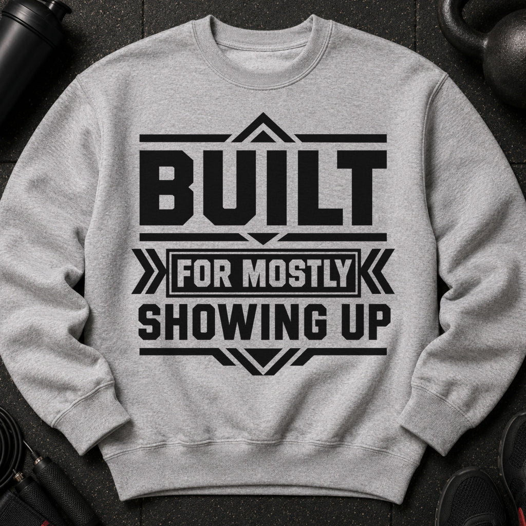 Grey sweatshirt with black text "BUILT FOR MOSTLY SHOWING UP".