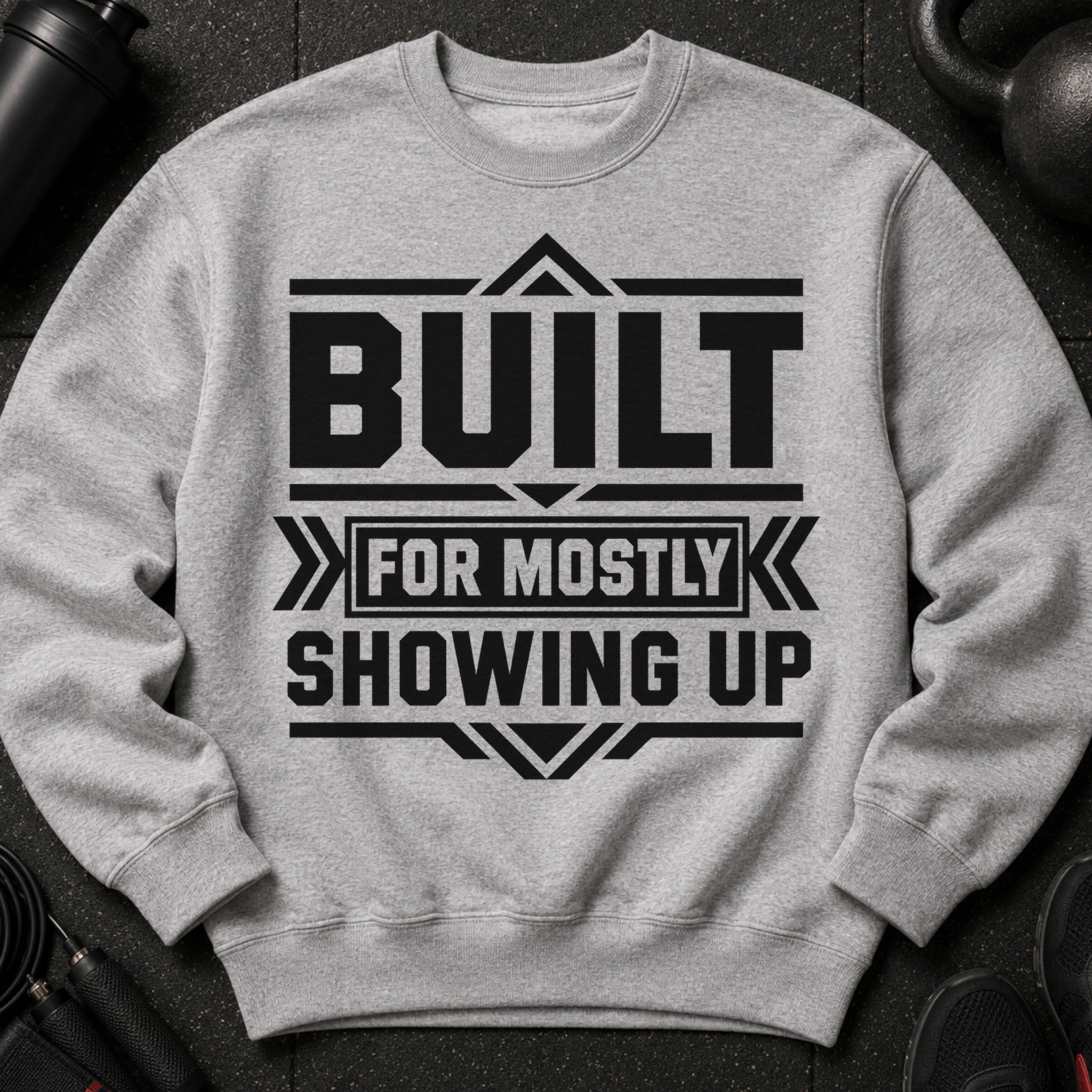 Grey sweatshirt with black text "BUILT FOR MOSTLY SHOWING UP".