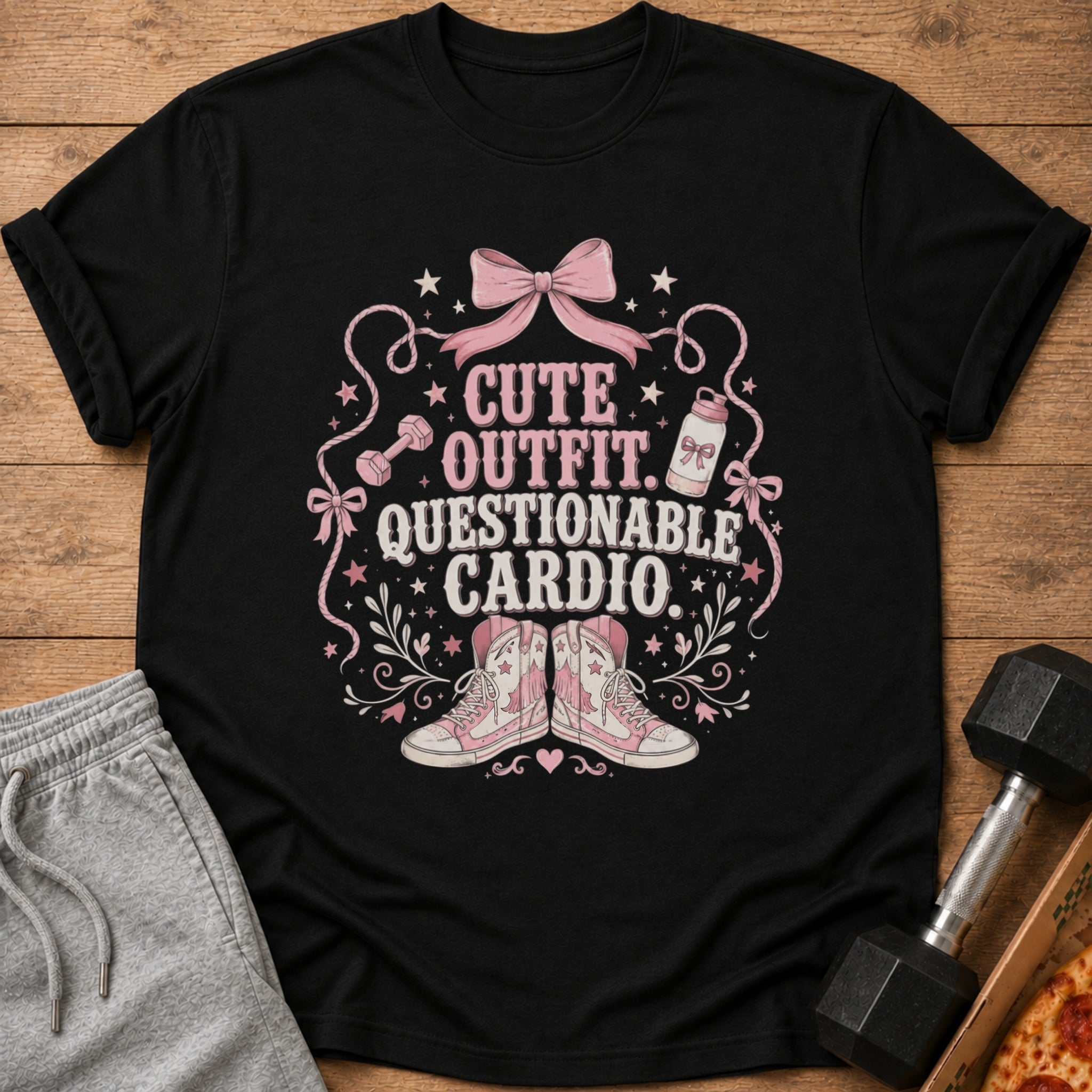 Black t-shirt with "Cute Outfit. Questionable Cardio" text and graphic.