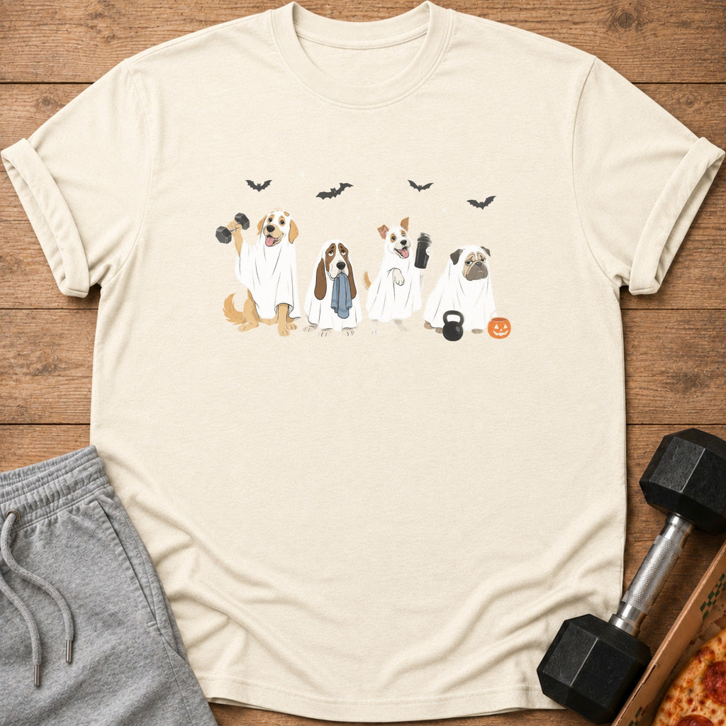Four dogs in ghost costumes with workout gear and Halloween decorations.