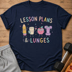 Navy t-shirt with "Lesson Plans & Lunges" text and cartoon pencil, coffee, apple, and dumbbell.