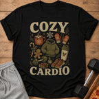 Black t-shirt with "Cozy Cardio" text and festive holiday workout illustrations.