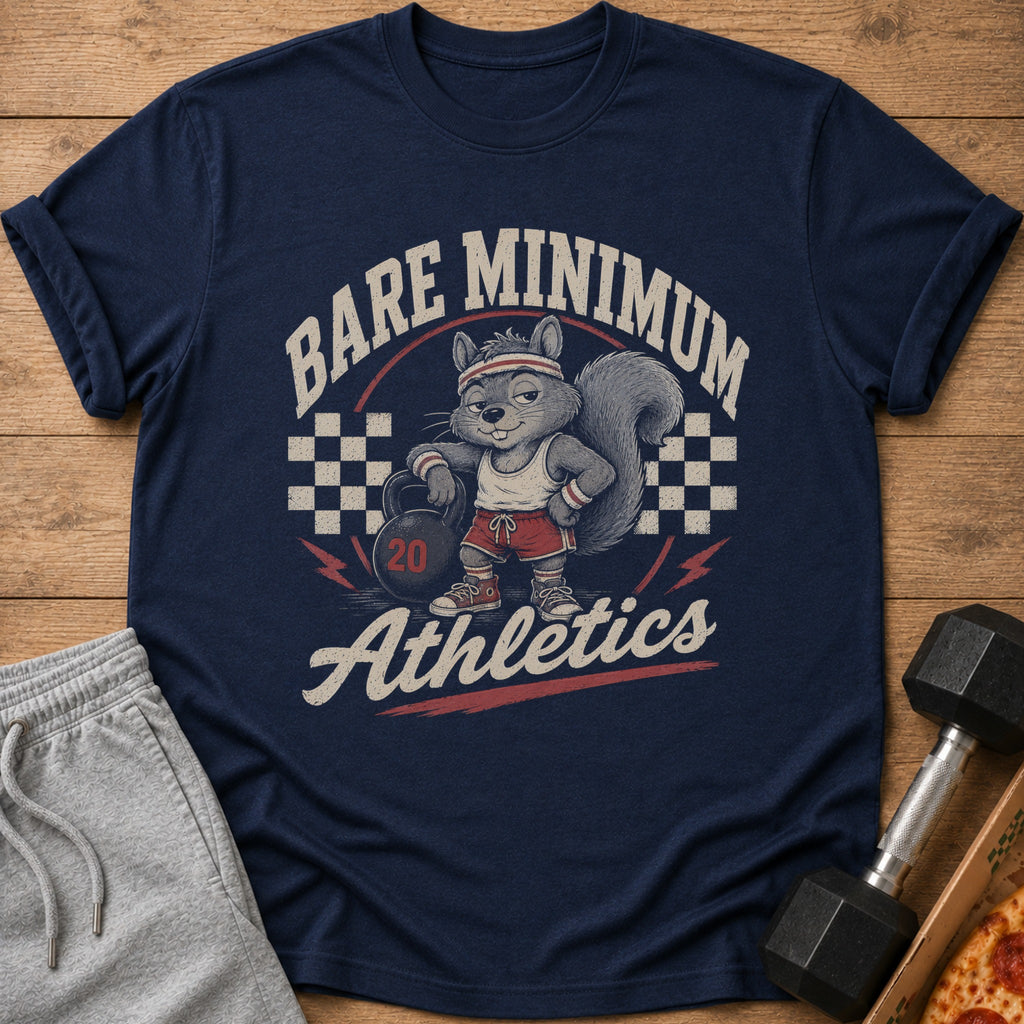 Navy t-shirt with a cartoon squirrel holding a kettlebell, text "BARE MINIMUM Athletics".