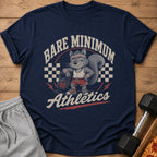 Navy t-shirt with a cartoon squirrel holding a kettlebell, text "BARE MINIMUM Athletics".