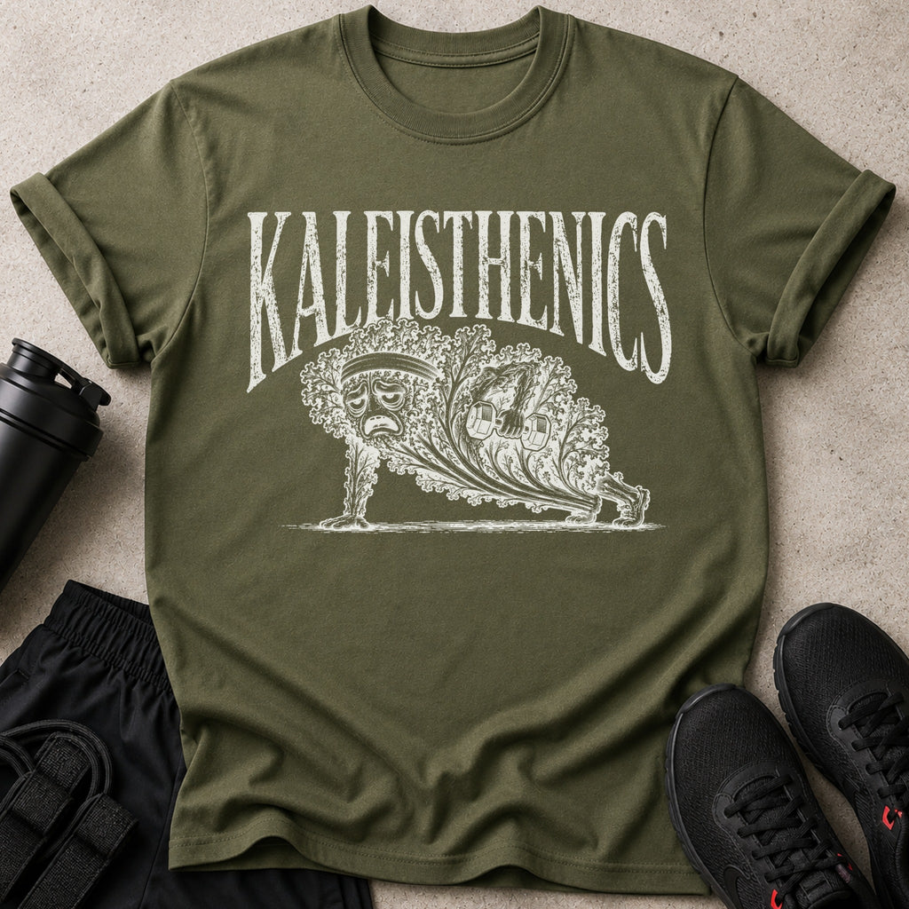 Green t-shirt with "KALEISTHENICS" text and a sad kale character in a plank pose.