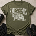 Green t-shirt with "KALEISTHENICS" text and a sad kale character in a plank pose.