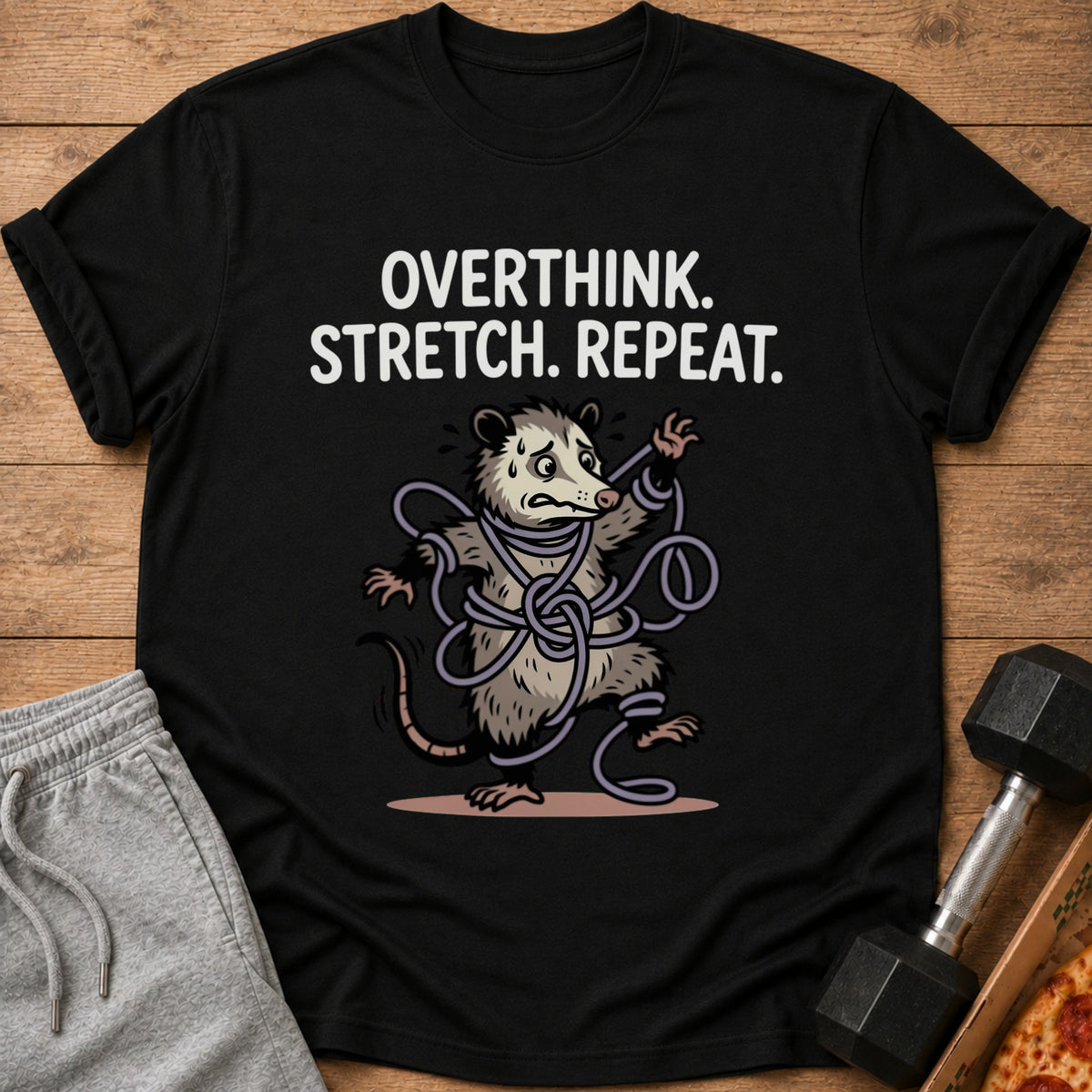 Black t-shirt with "Overthink. Stretch. Repeat." text and a tangled possum illustration.