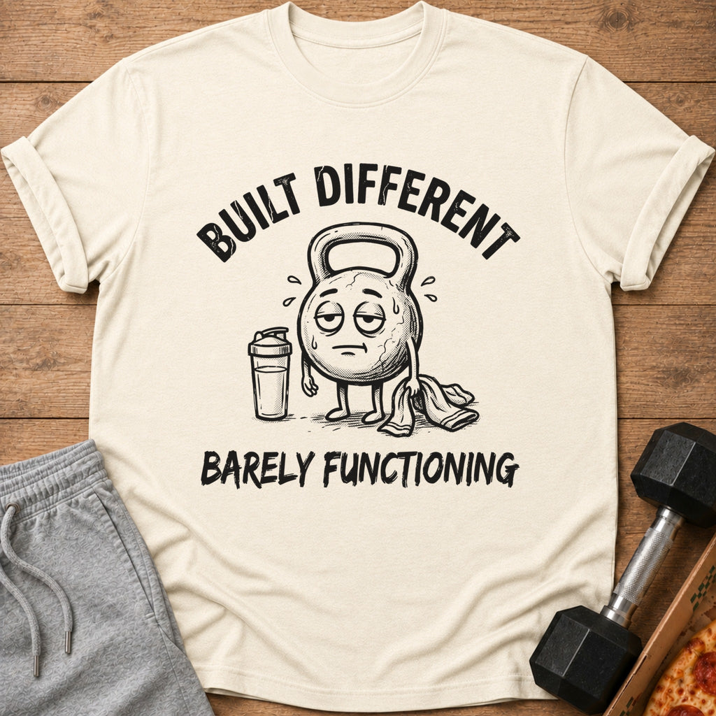 Cream t-shirt with "BUILT DIFFERENT BARELY FUNCTIONING" text and a cartoon kettlebell.