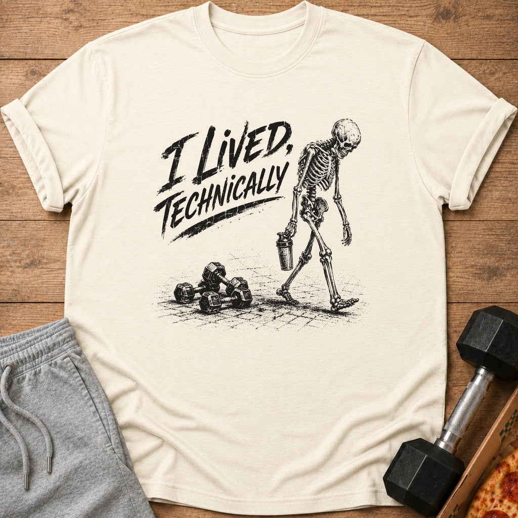 Skeleton with dumbbells and shaker on a shirt that says "I Lived, Technically".