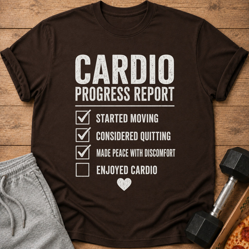 Brown t-shirt with "Cardio Progress Report" and checked boxes.
