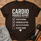 Brown t-shirt with "Cardio Progress Report" and checked boxes.