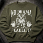 Green sweatshirt with white text and illustration of a bull deadlifting.