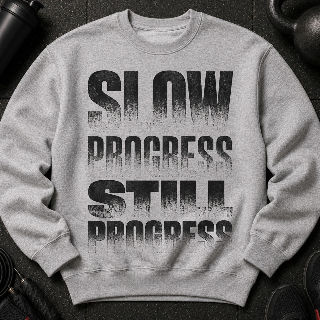 Grey sweatshirt with "SLOW PROGRESS STILL PROGRESS" printed on the front in black.