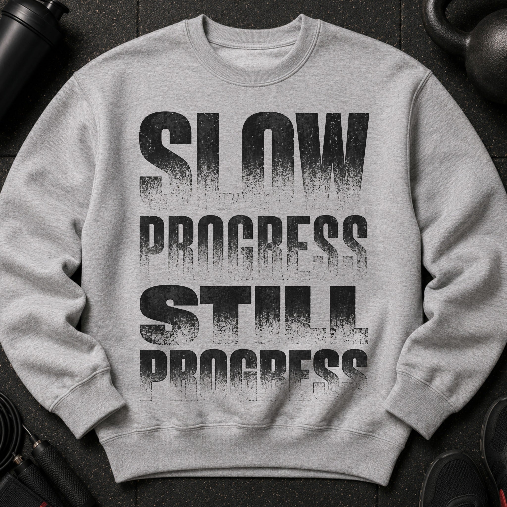 Grey sweatshirt with "SLOW PROGRESS STILL PROGRESS" printed on the front in black.