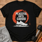 Black t-shirt with "Peaceful Until Cardio" text, a running shoe, and Japanese characters.