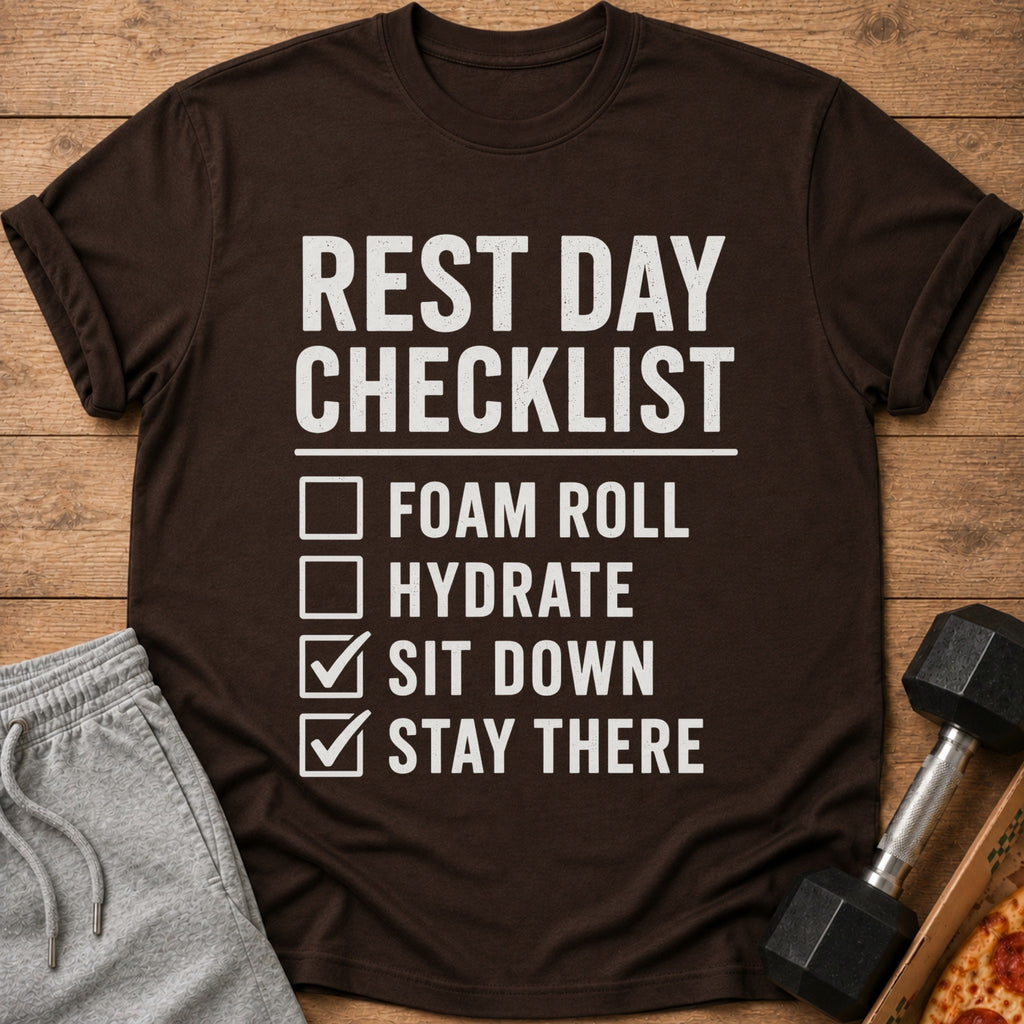 Brown t-shirt with "REST DAY CHECKLIST" and a humorous checklist.