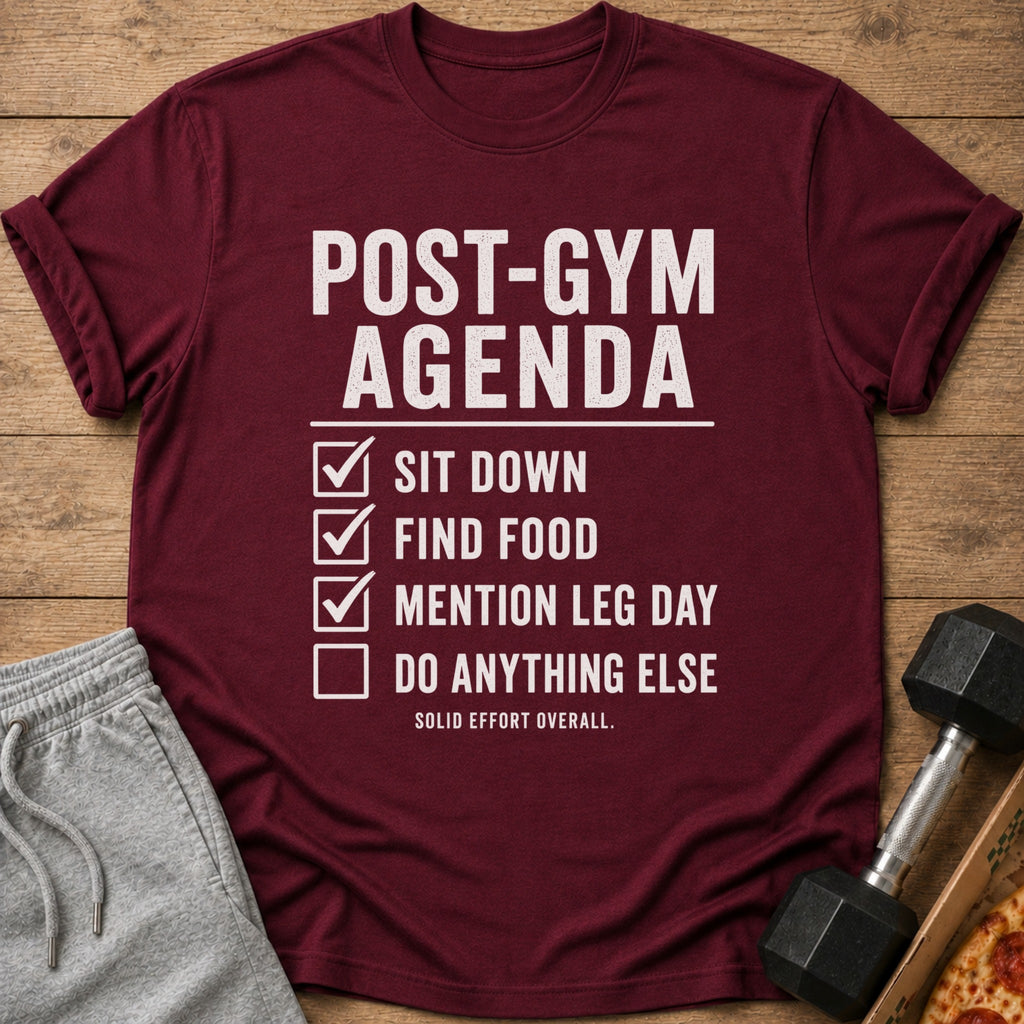 Maroon t-shirt with "POST-GYM AGENDA" and checklist.