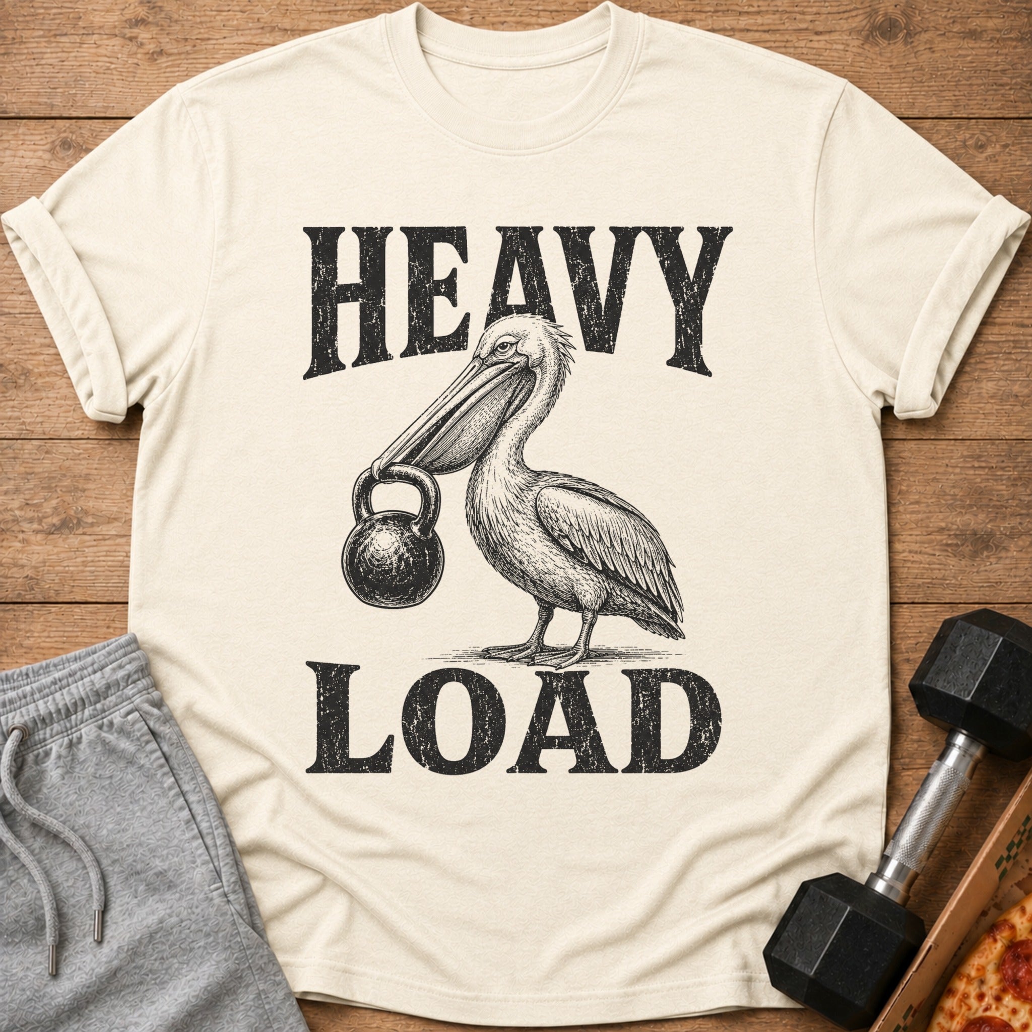 T-shirt with a pelican holding a kettlebell and text "HEAVY LOAD."