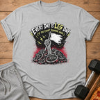Grey t-shirt with "EVERY DAY IS LEG DAY" text and skeleton raising flag over weights.