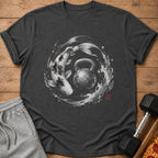 Dark gray t-shirt with a black and white koi fish circling a kettlebell.