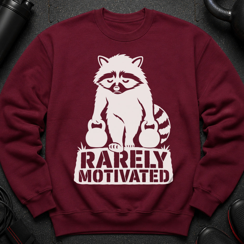 Maroon sweatshirt with white graphic of raccoon holding kettlebells and text "RARELY MOTIVATED".