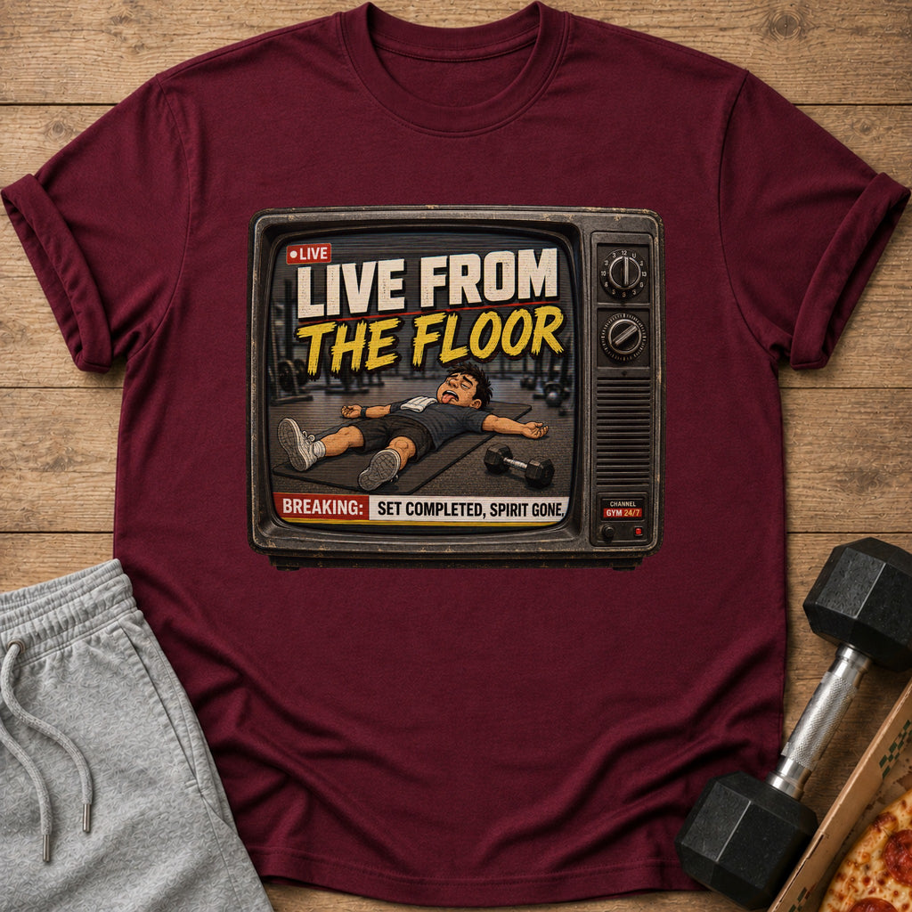 Maroon t-shirt featuring a retro TV screen graphic with text "LIVE FROM THE FLOOR".