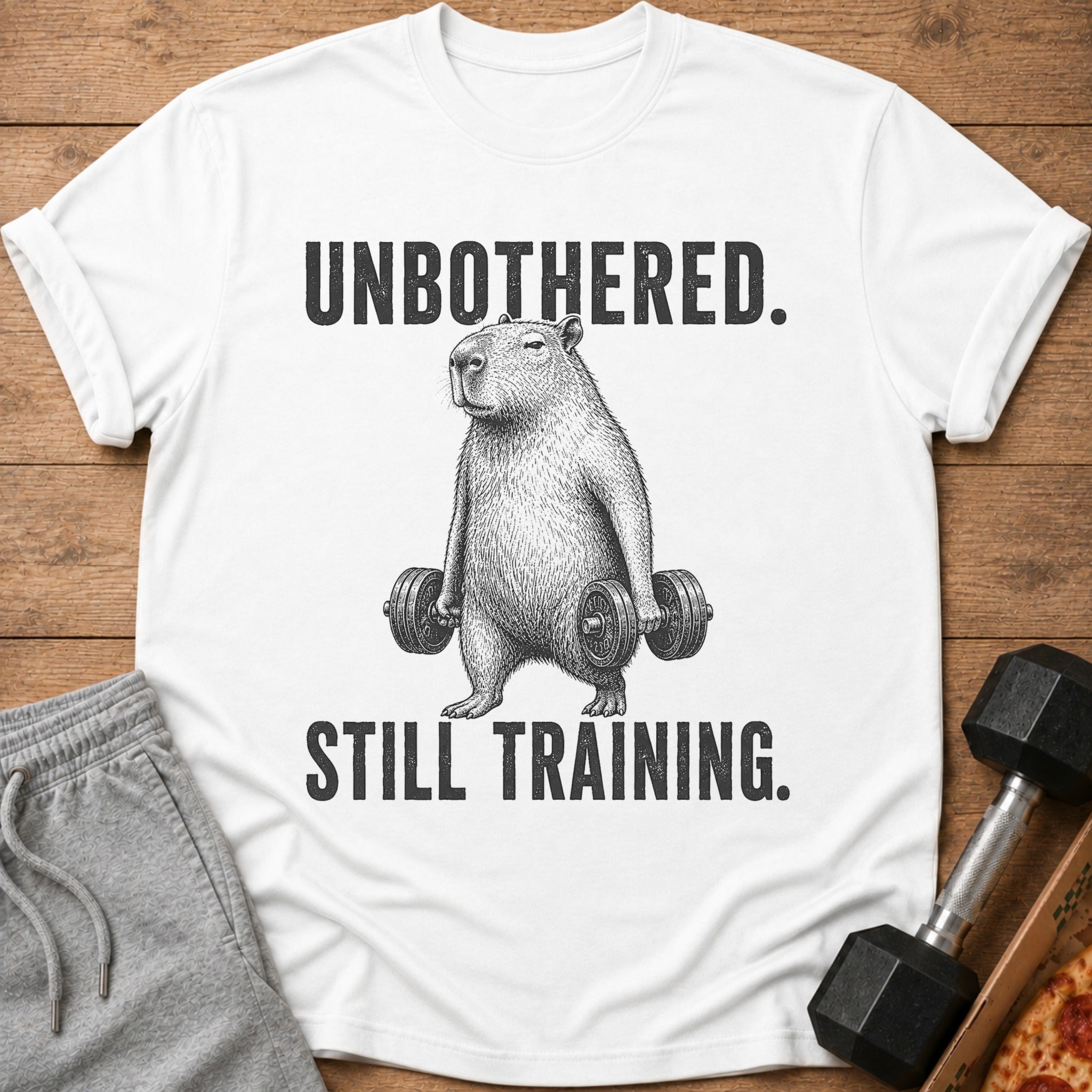 White t-shirt with a capybara holding dumbbells and text: "UNBOTHERED. STILL TRAINING."