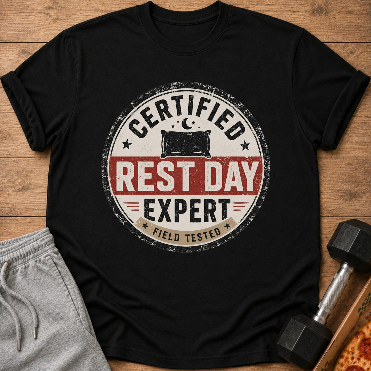Black t-shirt with "Certified Rest Day Expert" graphic and a pillow icon.