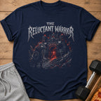 Navy t-shirt with "The Reluctant Warrior" gothic design and warrior at castle gate.