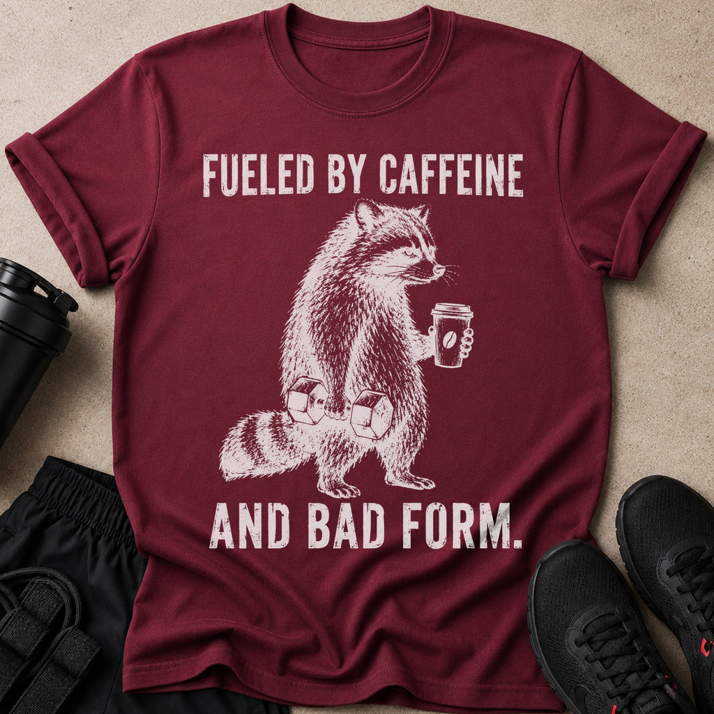 Maroon t-shirt with raccoon lifting weights and holding coffee, text reads Fueled by Caffeine And Bad Form.