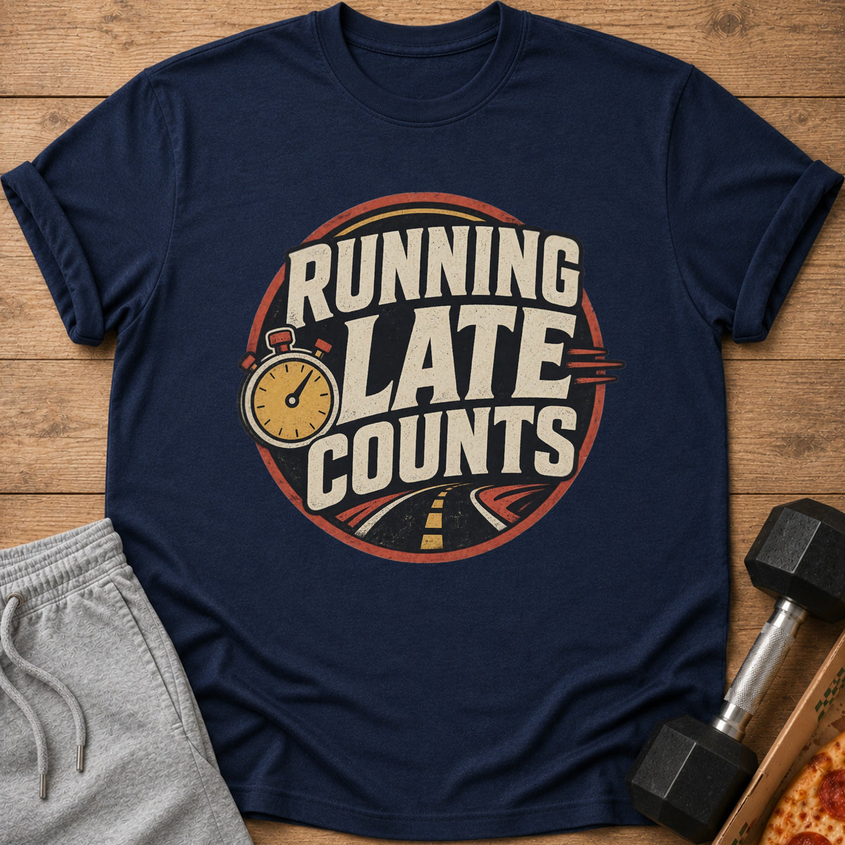 Navy t-shirt with "Running Late Counts" graphic featuring a stopwatch and road.