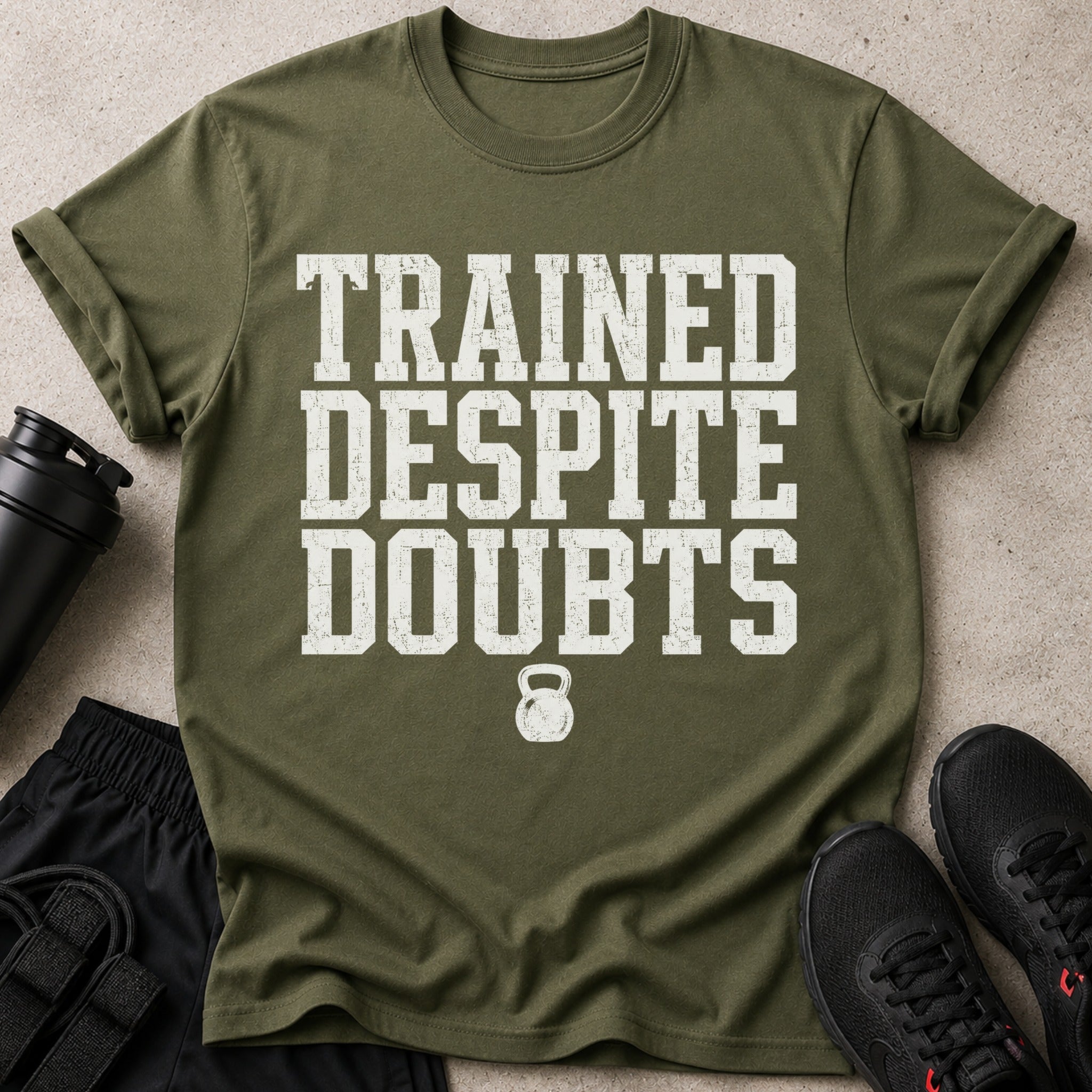 Olive green t-shirt with distressed white text "TRAINED DESPITE DOUBTS" and a kettlebell graphic.