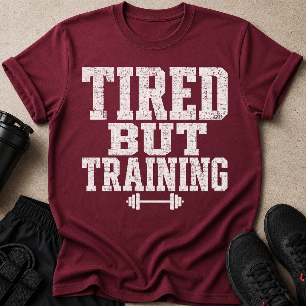 Maroon t-shirt with distressed white text that reads "TIRED BUT TRAINING" and a barbell graphic.