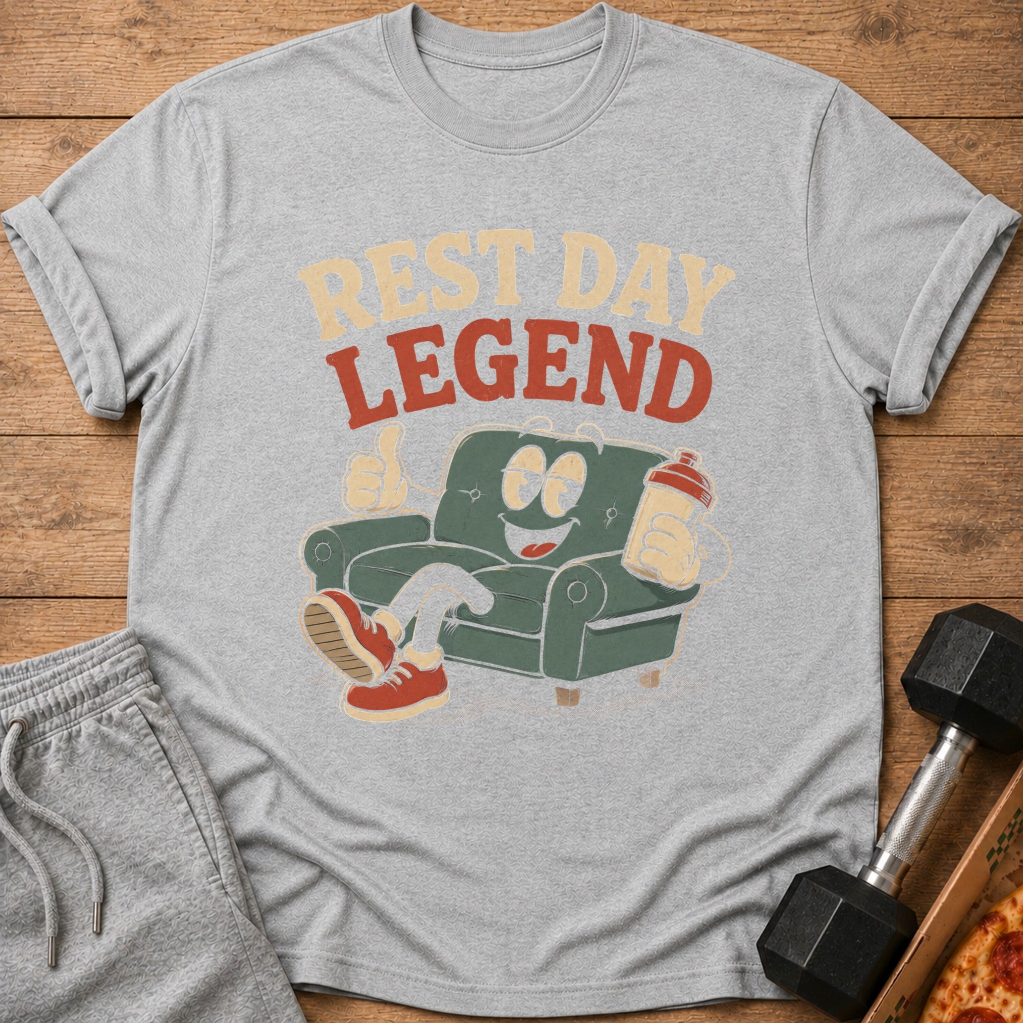 Grey t-shirt with cartoon couch holding a shaker bottle and text "Rest Day Legend".