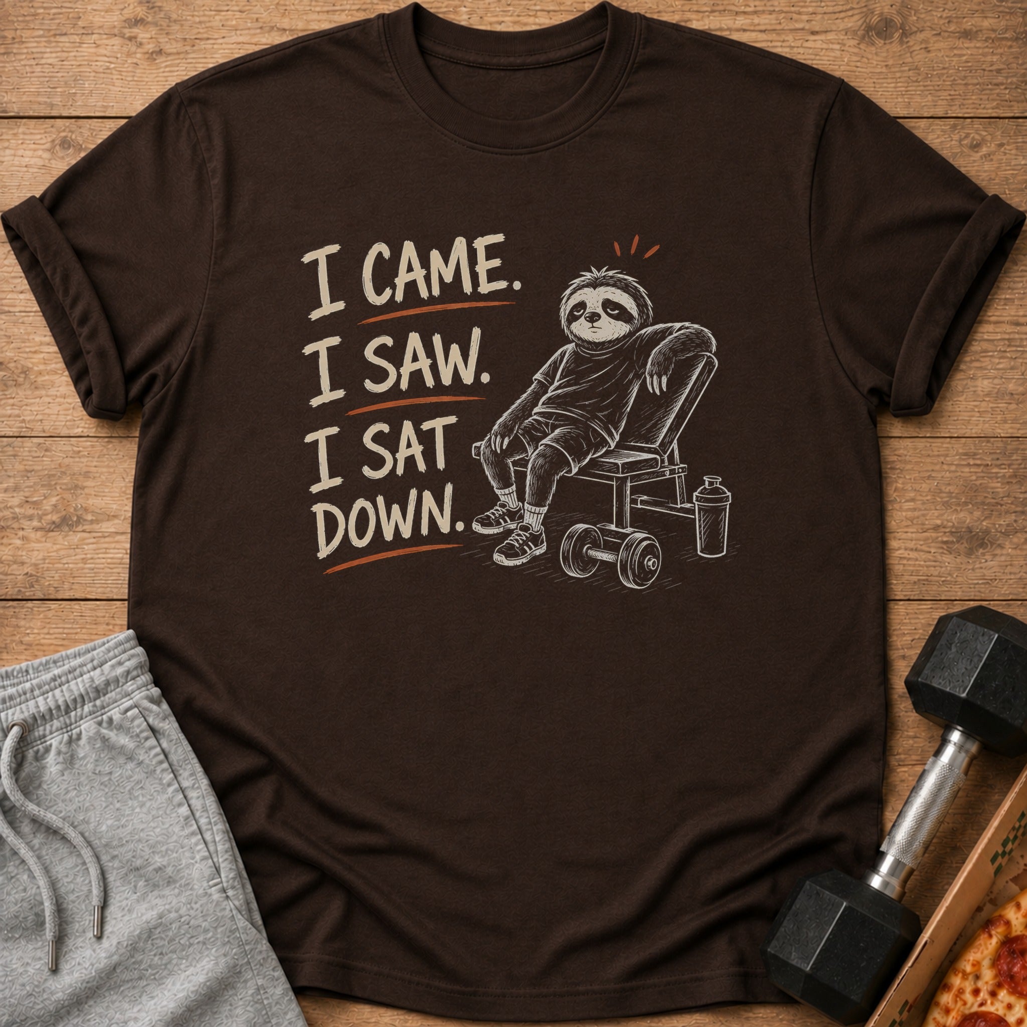 Brown t-shirt with a sloth sitting on a weight bench, text reads "I came. I saw. I sat down."