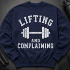 Navy sweatshirt with distressed graphic text "Lifting and Complaining" and a barbell.