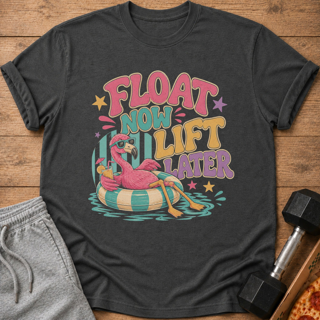 Flamingo in inner tube with drink, "Float Now Lift Later" text.