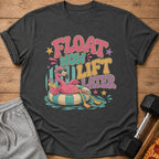 Flamingo in inner tube with drink, "Float Now Lift Later" text.