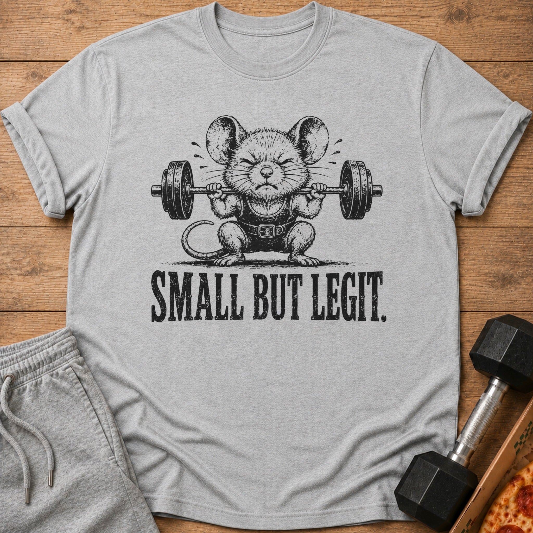 Grey t-shirt with a mouse lifting a barbell and text that reads "SMALL BUT LEGIT."