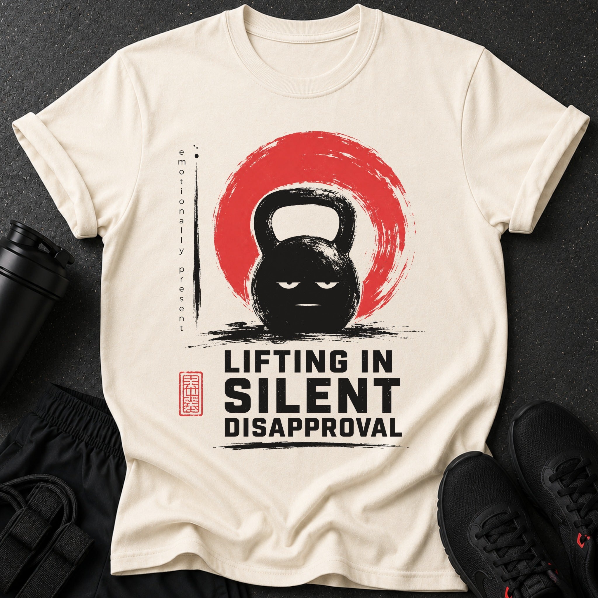 Cream t-shirt with a distressed kettlebell graphic and text "LIFTING IN SILENT DISAPPROVAL".