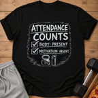 Black t-shirt with "ATTENDANCE COUNTS" and workout graphics.