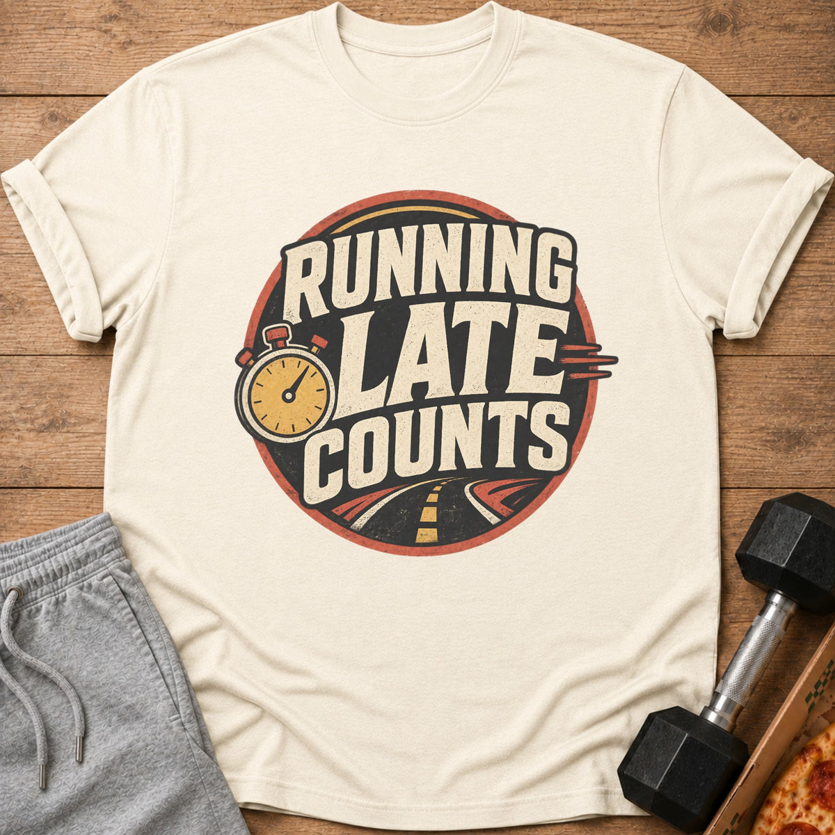 T-shirt with "Running Late Counts" graphic, stopwatch, and road design.