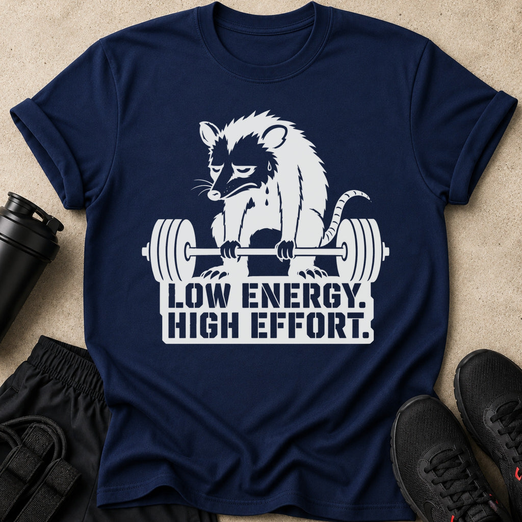 Navy t-shirt with white raccoon lifting weights and text "LOW ENERGY. HIGH EFFORT."
