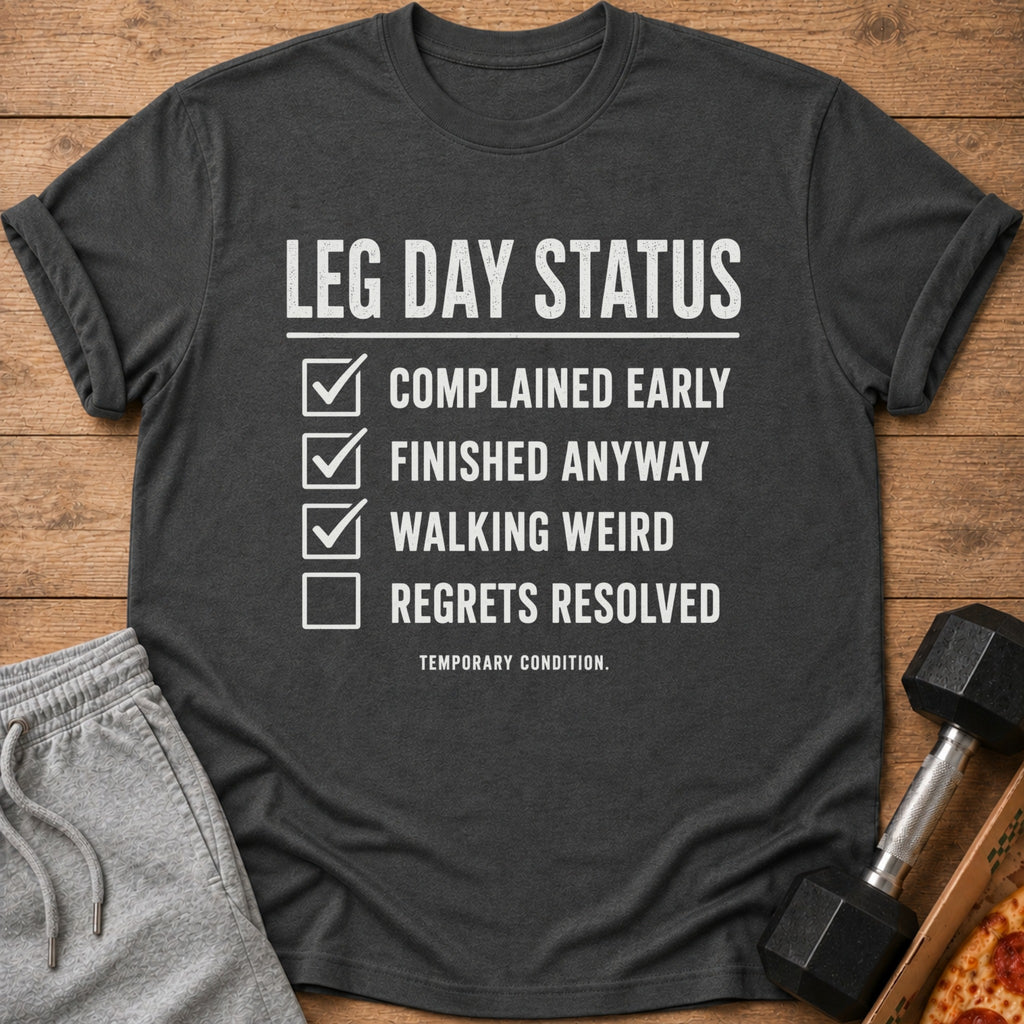 Dark grey t-shirt with "Leg Day Status" and a checklist: complained, finished anyway, walking weird, regrets resolved.