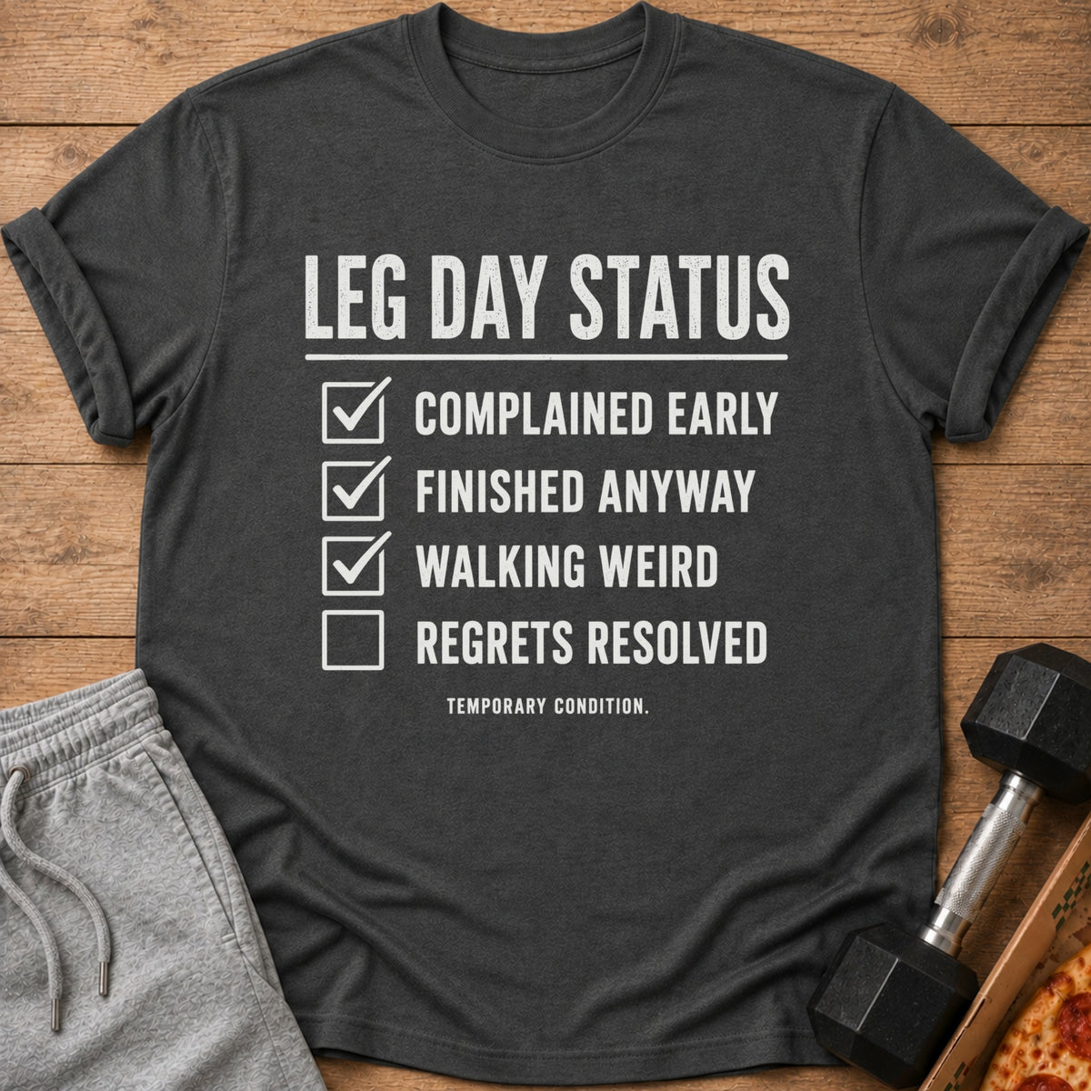 Dark grey t-shirt with "Leg Day Status" and a checklist: complained, finished anyway, walking weird, regrets resolved.